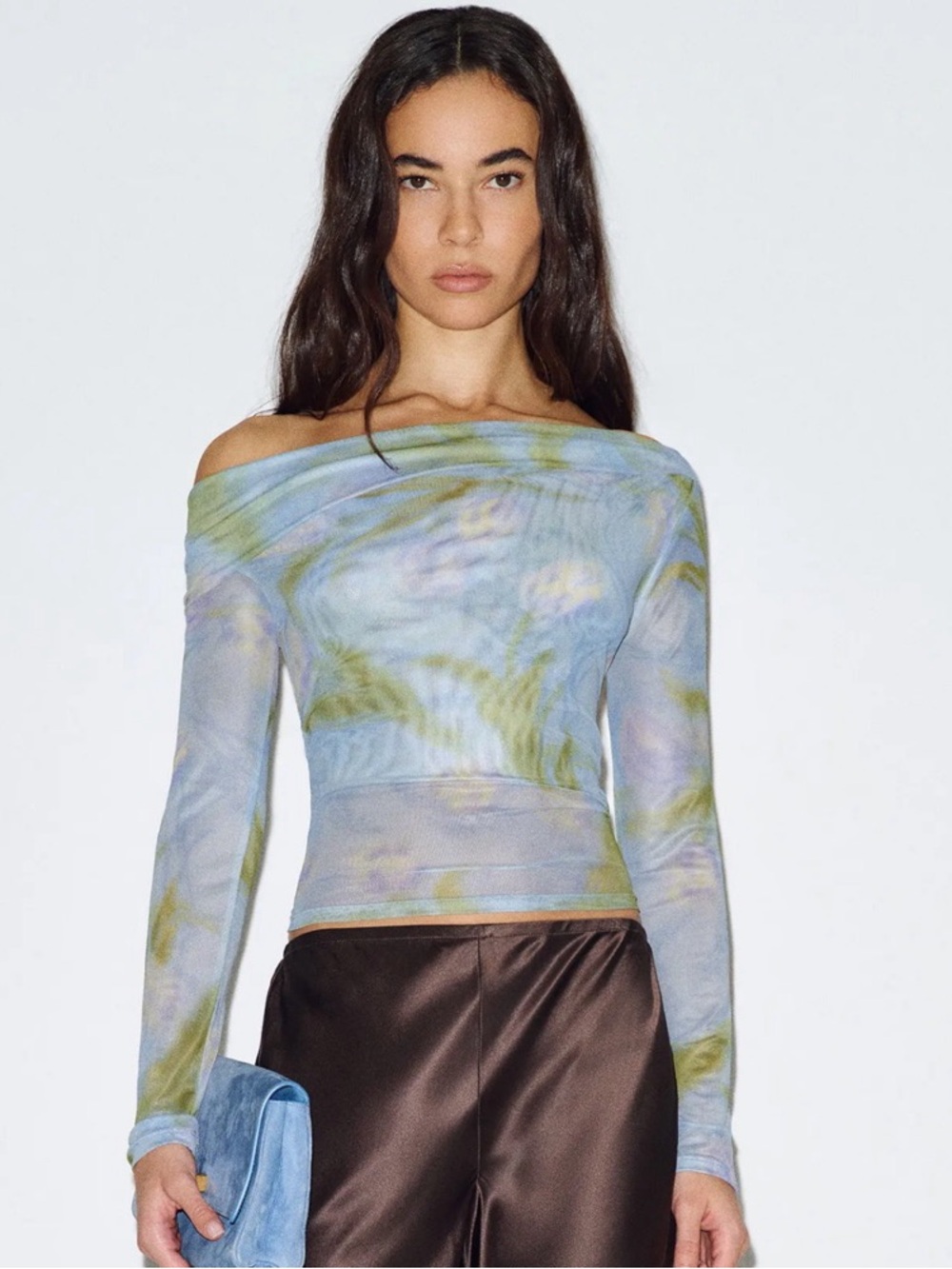 Reformation Elio Off-The-Shoulder Mesh Knit Top – Abstract Floral Blue/Green